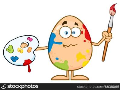 Confused Egg Cartoon Mascot Character Spattered and Holding A Paintbrush And Palette. Illustration Isolated On White Background