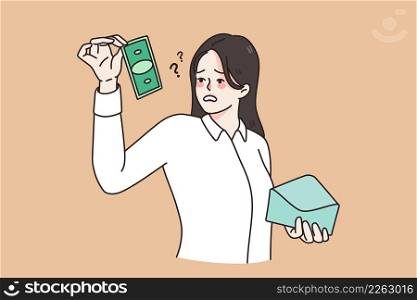 Confused female employee shocked by small salary in envelope. Frustrated unhappy woman worker surprised by wage amount. Finance problems concept. Flat vector illustration.. Confused female employee shocked by small salary