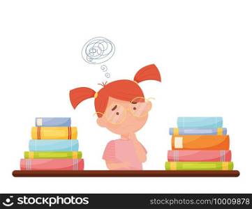 Confused girl with pile of books. Homeschooling challenges. vector illustration.