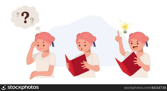 confused kid and understand or found answer.girl reading book then got some idea.Flat vector cartoon illustration