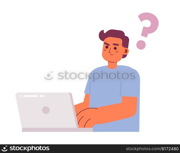 Confused male programmer with laptop semi flat color vector character. Editable figure. Full body person on white. Simple cartoon style spot illustration for web graphic design and animation. Confused male programmer with laptop semi flat color vector character