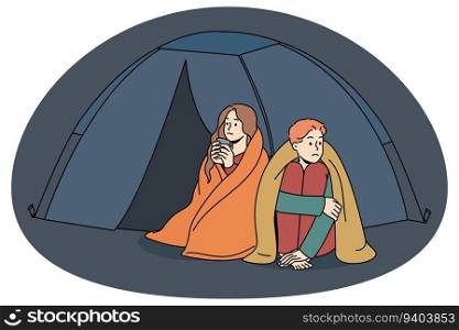 Confused man and woman sleeping in tent outside live for charity or donation. Unhappy couple refugees in c&on street. Homeless problem. Vector illustration.. Man and woman living in tent on street