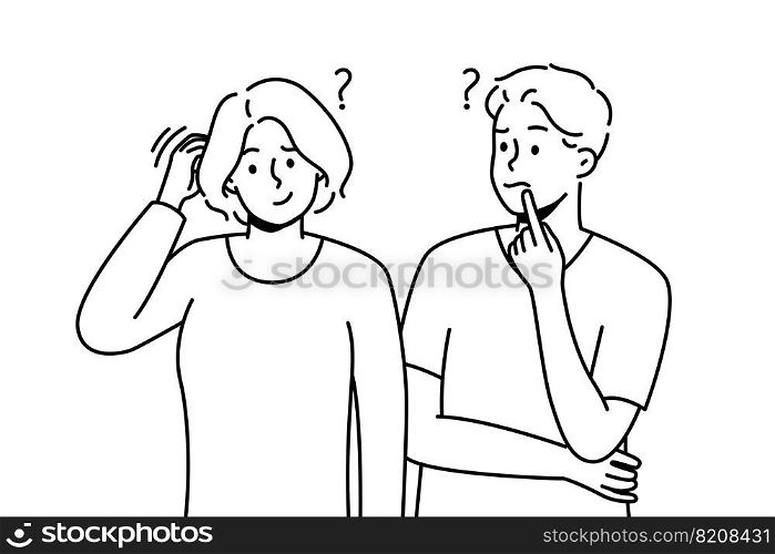 Confused man and woman thinking solving problem together. Frustrated couple feel unsure or doubtful look for solution or decision. Vector illustration. . Man and woman feel confused look for solution 