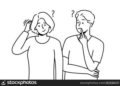 Confused man and woman thinking solving problem together. Frustrated couple feel unsure or doubtful look for solution or decision. Vector illustration. . Man and woman feel confused look for solution 