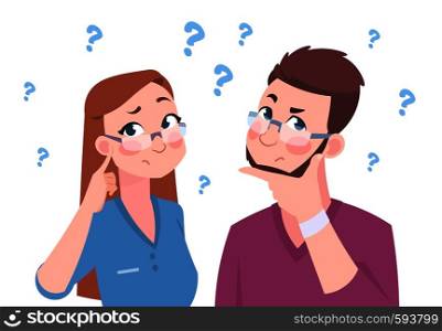Confused man and woman. Young couple thinking a question, flat man and female, cartoon characters in doubt. Vector illustration ask worried group. Confused man and woman. Young couple thinking a question, flat man and female, cartoon characters in doubt. Vector worried group