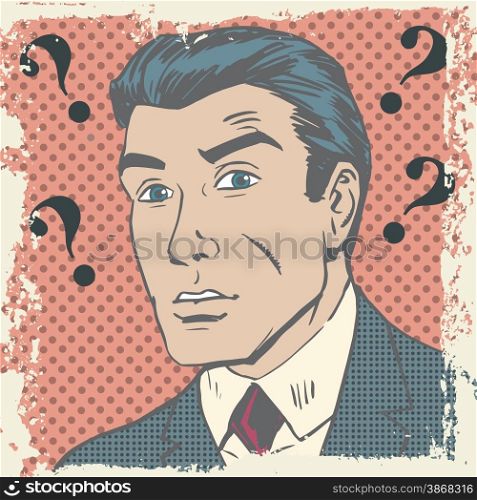 Confused man emotion misunderstanding the questions pop art comics retro style Halftone. Imitation of old illustrations. Delave effect old paper. Confused man emotion misunderstanding the questions pop art comi