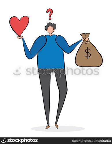 Confused man holding heart and a sack of money. Black outlines and colored.