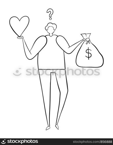 Confused man holding heart and a sack of money. Black outlines and white.