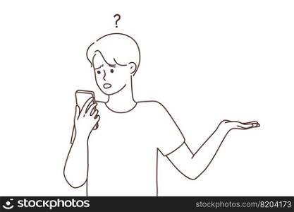 Confused man look at cellphone screen frustrated by problem or mistake. Frustrated male shocked stunned by notification on smartphone. Vector illustration. . Confused man look at cellphone frustrated by problem 