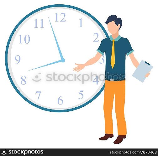 Confused man standing in front of clock spreading his arms. Time management and procrastination concept, planning and strategy vector illustration. Confused Man Standing in Front of Clock Vector
