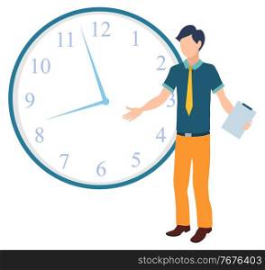 Confused man standing in front of clock spreading his arms. Time management and procrastination concept, planning and strategy vector illustration. Confused Man Standing in Front of Clock Vector