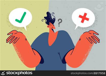 Confused man think of pros and cons solving problem. Pensive male consider fors and againsts making decision. Vector illustration. . Confused man think of pros and cons