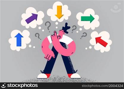 Confused man with diverse direction arrows above head feel doubtful unsure making decision. Frustrated male have dilemma solve business problem find solution. Flat vector illustration. . Confused man feel unsure make decision