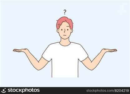 Confused man with hands as scales doubt about choice. Frustrated male make decision, have dilemma comparing options. Vector illustration.. Confused man comparing options