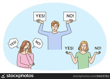 Confused people with yes and no signs making decision. Frustrated male and female characters have dilemma, deciding to approve or reject. Vector illustration.. Confused people making choices