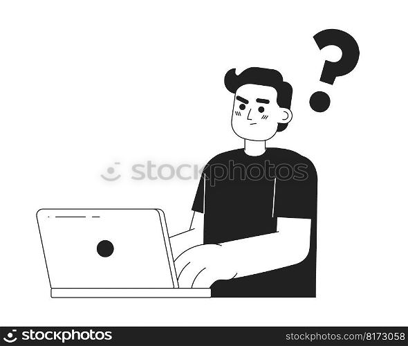 Confused programmer with laptop monochromatic flat vector character. Linear hand drawn sketch. Editable half body person. Simple black and white spot illustration for web graphic design and animation. Confused programmer with laptop monochromatic flat vector character