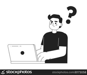 Confused programmer with laptop monochromatic flat vector character. Linear hand drawn sketch. Editable half body person. Simple black and white spot illustration for web graphic design and animation. Confused programmer with laptop monochromatic flat vector character