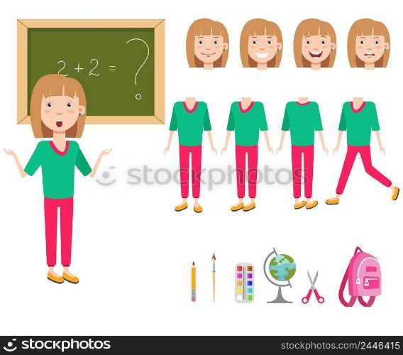 Confused schoolgirl at blackboard character set with different poses, emotions, gestures. Part of body, satchel, globe, pencil, paintbrush. Can be used for topics like school, education, task