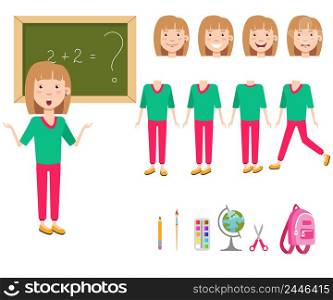 Confused schoolgirl at blackboard character set with different poses, emotions, gestures. Part of body, satchel, globe, pencil, paintbrush. Can be used for topics like school, education, task