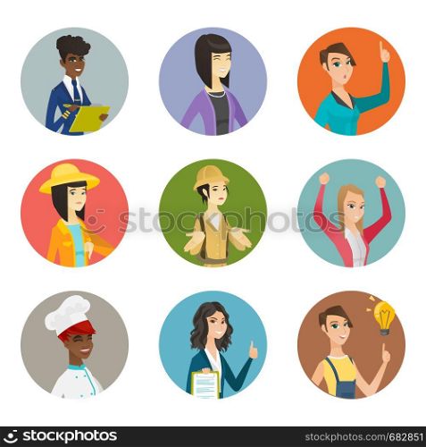 Confused traveler woman shrugging shoulders. Asian traveler woman shrugging shoulders. Set of different professions. Set of vector flat design illustrations in the circle isolated on white background.. Vector set of characters of different professions.