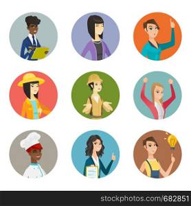 Confused traveler woman shrugging shoulders. Asian traveler woman shrugging shoulders. Set of different professions. Set of vector flat design illustrations in the circle isolated on white background.. Vector set of characters of different professions.