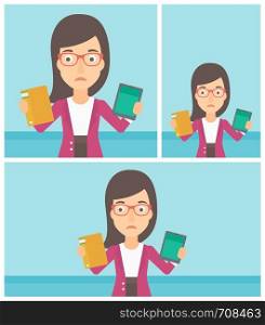 Confused woman choosing between tablet computer and paper book. Woman holding book in one hand and tablet computer in the other. Vector flat design illustration. Square, horizontal, vertical layouts.. Woman choosing between book and tablet computer.