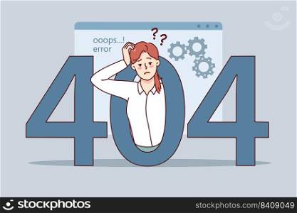 Confused woman experience 404 error on computer. Frustrated unhappy female employee have mistake message on gadget. Page not found. Vector illustration. . Confused woman have error message on computer 