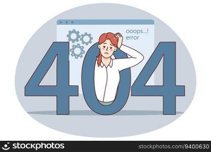 Confused woman experience 404 error on computer. Frustrated unhappy female employee have mistake message on gadget. Page not found. Vector illustration.. Confused woman have error message on computer