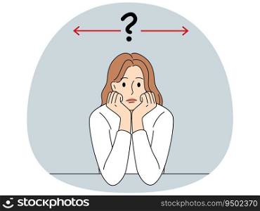 Confused woman feel distressed thinking of choosing right direction. Frustrated female decide which way to go. Dilemma and career choice. Vector illustration.. Confused woman thinking of right direction
