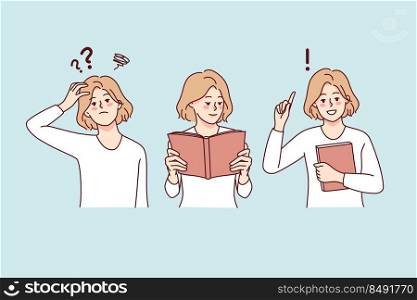 Confused woman have question head, read book and get answer. Smart girl looking for solution in book. Knowledge and education. Vector illustration. . Smart woman look for solution in book