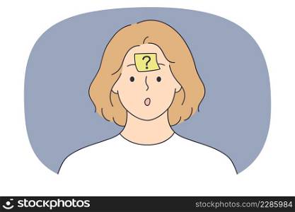 Confused woman have sticker note with question mark on forehead feel frustrated about problem solution. Stunned girl need answer solve trouble. Dilemma and confusion. Vector illustration. . Confused woman have sticker note with question mark