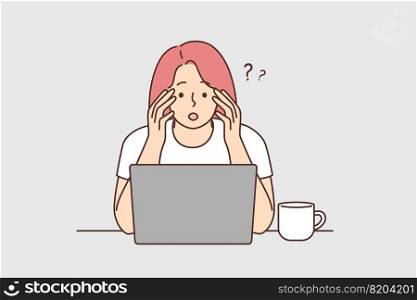 Confused woman look at laptop screen frustrated by unexpected news on internet. Stunned female shocked by unbelievable message on computer. Vector illustration.. Confused woman look at screen shocked by news