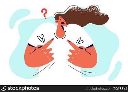 Confused woman pointing finger at herself wondering why lack of luck in personal and professional life. Frustrated young girl confused due to confusion causing panic and unpleasant questions. Confused woman pointing finger at herself wondering why lack of luck in professional life