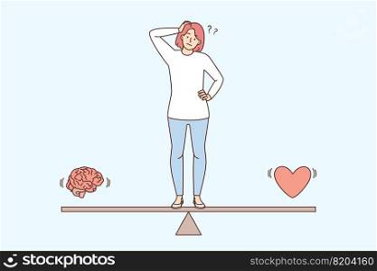 Confused woman standing on scales thinking between brain and heart. Frustrated girl make decision among reason and emotion. Feelings and logic. Vector illustration.. Confused woman choose between brain and heart