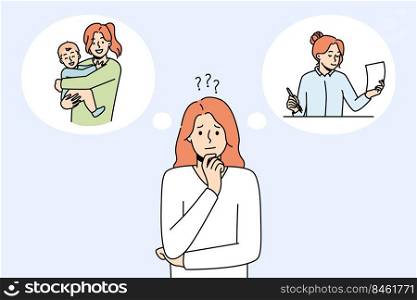 Confused woman thinking about motherhood or career. Frustrated female make decision of becoming mother or businesswoman. Family and work. Vector illustration.. Confused woman choose between work and family