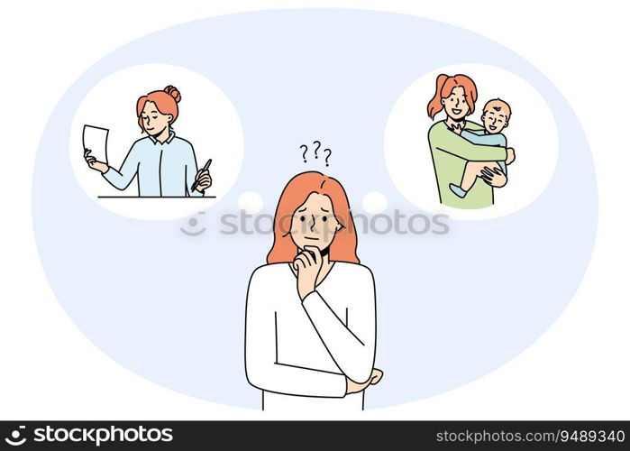 Confused woman thinking about motherhood or career. Frustrated female make decision of becoming mother or businesswoman. Family and work. Vector illustration.. Confused woman choose between work and family