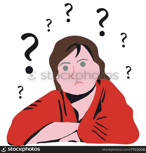 Confused woman thinking. having trouble to find answers. White background. illustration. . Confused woman thinking with questions
