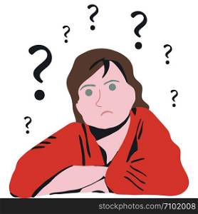Confused woman thinking. having trouble to find answers. White background. illustration. . Confused woman thinking with questions