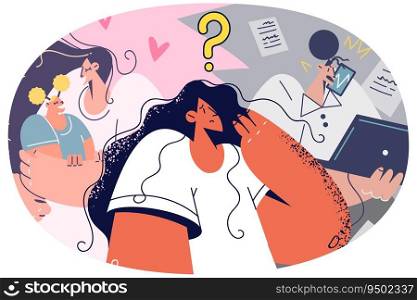 Confused woman thinking of family and career options. Frustrated female compare and consider motherhood and work opportunities. Vector illustration.. Confused woman think of career and family
