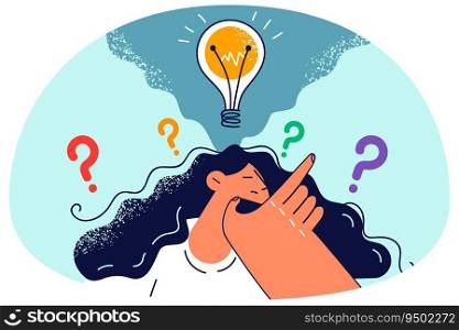 Confused woman with lightbulb above head thinking of problem solution. Pensive female generate creative innovative business idea. Innovation. Vector illustration.. Pensive woman with lightbulb above head