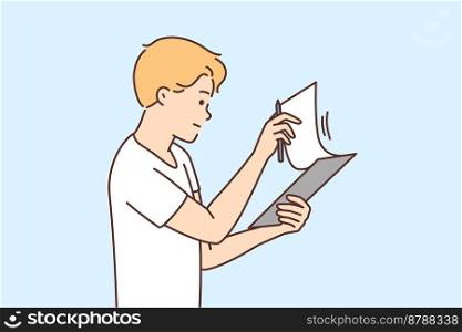 Confused young man check list on paper. Frustrated male worker or employee look at paperwork checking agenda or schedule. Vector illustration. . Frustrated man checking paperwork 