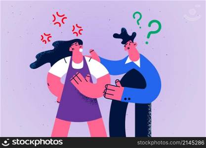 Confused young man comfort support unhappy angry woman. Couple have disagreement or fight think of breakup or divorce. Husband and wife relationship problem. Flat vector illustration. . Confused man comfort talk with angry woman