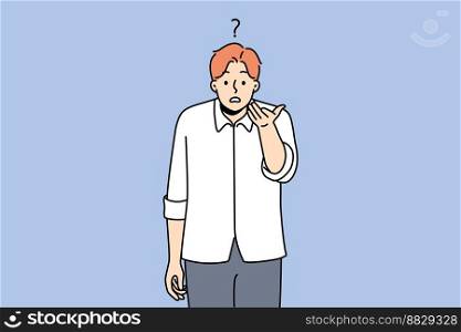 Confused young man look at camera feel frustrated and dissatisfied. Unhappy guy disappointed with information or offer. Vector illustration. . Confused man feel frustrated and dissatisfied 