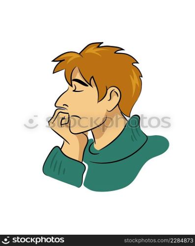 Confused young man, tired, stressed and lost in thoughts, in blue turtle neck sweater, chin on his hand. Face in profile, eyes closed, eyebrows raised, mouth tilted, brown hair disheveled. Sketch. Puzzled uncertain cartoon man, chin on hand