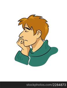 Confused young man, tired, stressed and lost in thoughts, in blue turtle neck sweater, chin on his hand. Face in profile, eyes closed, eyebrows raised, mouth tilted, brown hair disheveled. Sketch. Puzzled uncertain cartoon man, chin on hand