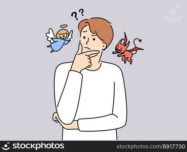 Confused young man with devil and angel on different sides decide or think. Frustrated guy feel unsure and doubtful about getting right or wrong decision. Vector illustration.. Confused man with devil and angel on sides 