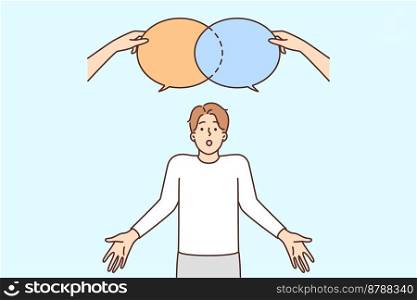 Confused young man with speech bubbles above head think making decision. Frustrated guy feel unsure about message or text. Vector illustration. . Confused man with speech bubbles above head