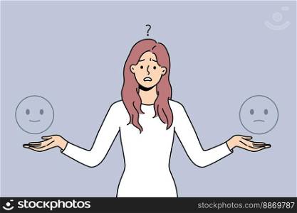 Confused young woman feel frustrated choose mood for day. Unhappy unsure female doubtful about customer experience or feedback. Vector illustration. . Confused young woman doubt about customer feedback