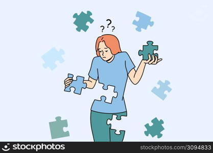 Confused young woman with jigsaw puzzles rebuild personality or identity. Frustrated unhappy girl recover from depression or mental psychological problems. Rehabilitation. Vector illustration. . Confused woman connect puzzles rebuild personality