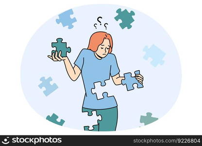 Confused young woman with jigsaw puzzles rebuild personality or identity. Frustrated unhappy girl recover from depression or mental psychological problems. Rehabilitation. Vector illustration.. Confused woman connect puzzles rebuild personality